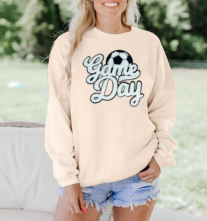 Game Day Soccer Sweatshirt Women Soccer Season Chenille Patch Pullover Top Causal Long Sleeve Football Top