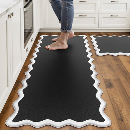 Arenarug Upgrade Scalloped Embossed Kitchen Mats for Floor 2PCS Cushioned Anti Fatigue Waterproof Foam Kitchen Rugs Non Slip Washable Comfort Standing Mat for Office Sink Laundry, Black