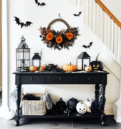 Halloween Wreath for Front Door 26" Tinsel Black Witch Wreath with Hat Legs and Purple Pumpkin for Fall Autumn Indoor Window Door Thanksgiving Halloween Decorations