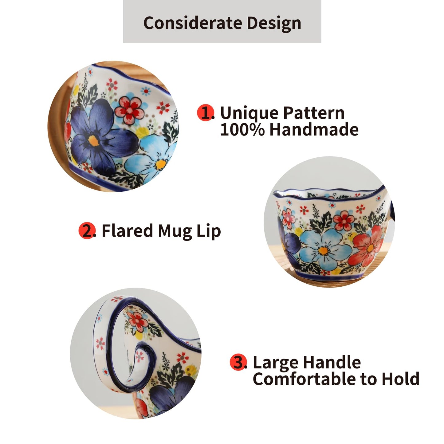 ALMA Handpainted Microwavable Soup Bowl with Loop Handle 18.6oz, Cereal Bowl With Handle Great for Berry, Fruits, Chili, Stew, Ice cream,Floral Soup Mug for Women