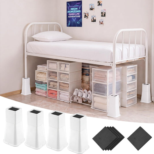 Novabright 4 Pack 12 Inch College Dorm Bed Risers Heavy Duty Extra Plastic Dorm Bed Extender Stackable Furniture Risers for College Room Storage Sofa Table Desk Couch Chair(White)