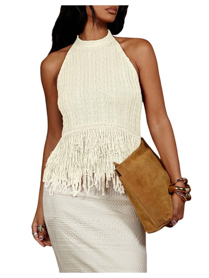 SweatyRocks Women's Boho Fringe Halter Tops Sleeveless Open Back Summer Knit Crochet Tank Top