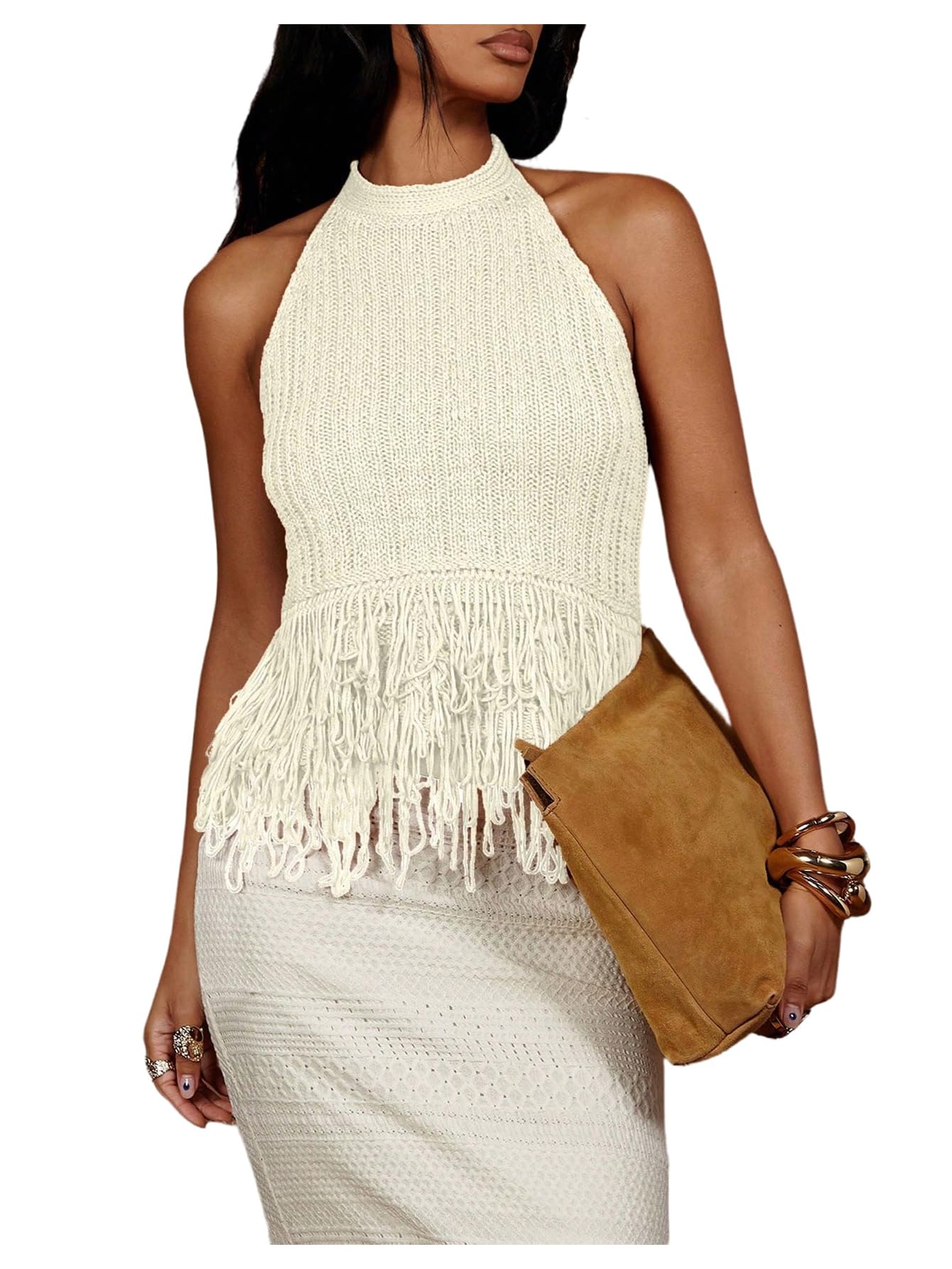SweatyRocks Women's Boho Fringe Halter Tops Sleeveless Open Back Summer Knit Crochet Tank Top