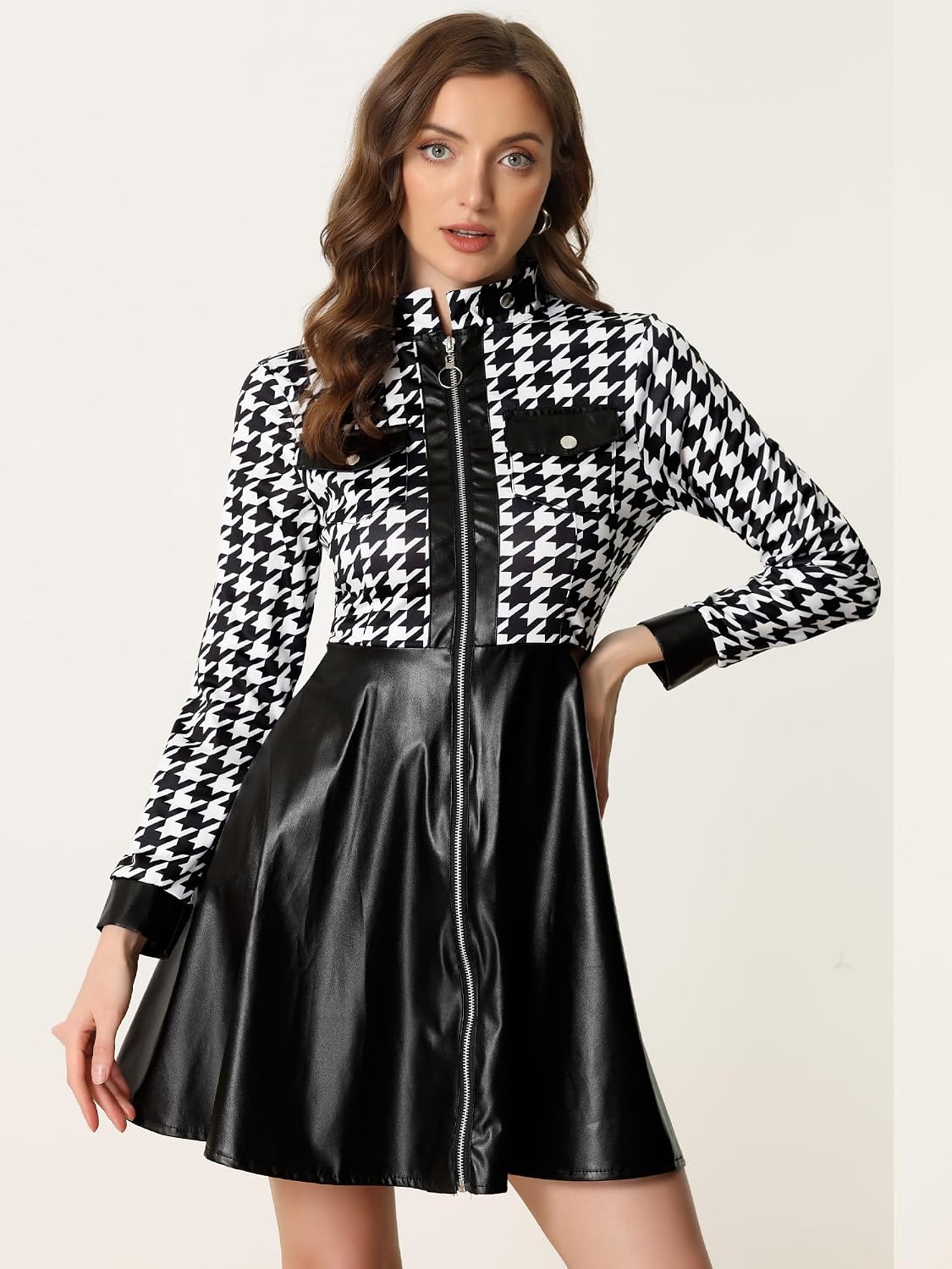 Allegra K Women's PU Faux Leather Houndstooth Patchwork Zipper Up Club Party A-Line Dress