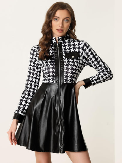 Allegra K Women's PU Faux Leather Houndstooth Patchwork Zipper Up Club Party A-Line Dress