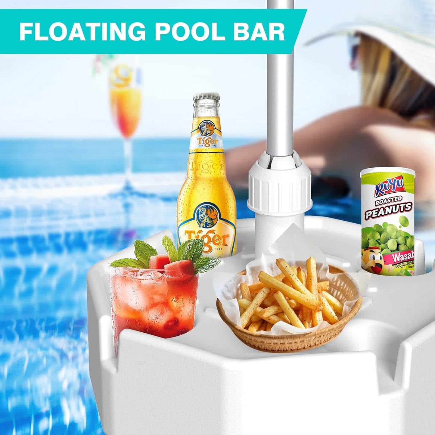 Floating Pool Umbrella - 7ft, Outdoor Floating Umbrella for Inside of Pool with Weighted Base, 4 Cupholders Floating Table with Sun Shade, No-Tools Setup for Pool, Lake & Beach