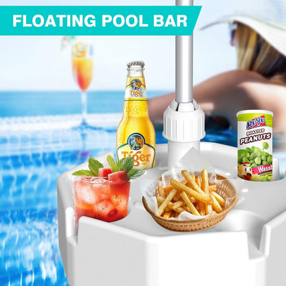 Floating Pool Umbrella - 7ft, Outdoor Floating Umbrella for Inside of Pool with Weighted Base, 4 Cupholders Floating Table with Sun Shade, No-Tools Setup for Pool, Lake & Beach