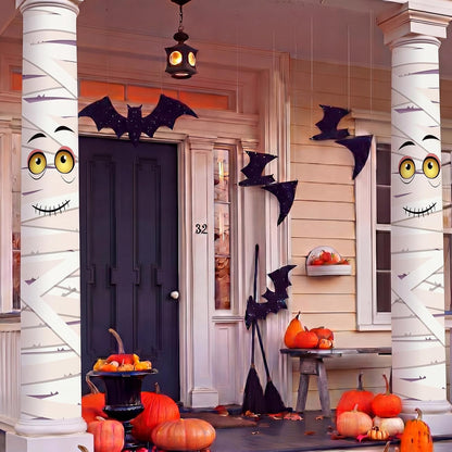 Mindsoft 2 Pack Summer Halloween Mummy Door Cover Decorations with 18ft Straps, 108x54 Inch PVC Weatherproof Spooky Bandage Wrap for Front Porch Pool Beach Haunted House Party Supplies