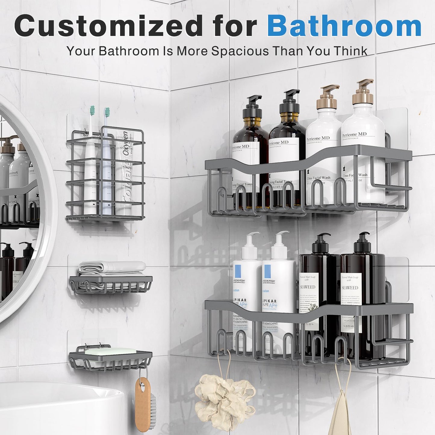 EUDELE Adhesive Shower Caddy, 5 Pack Rustproof Stainless Steel Bath Organizers With Large Capacity, No Drilling Shelves for Bathroom Storage & Home Decor
