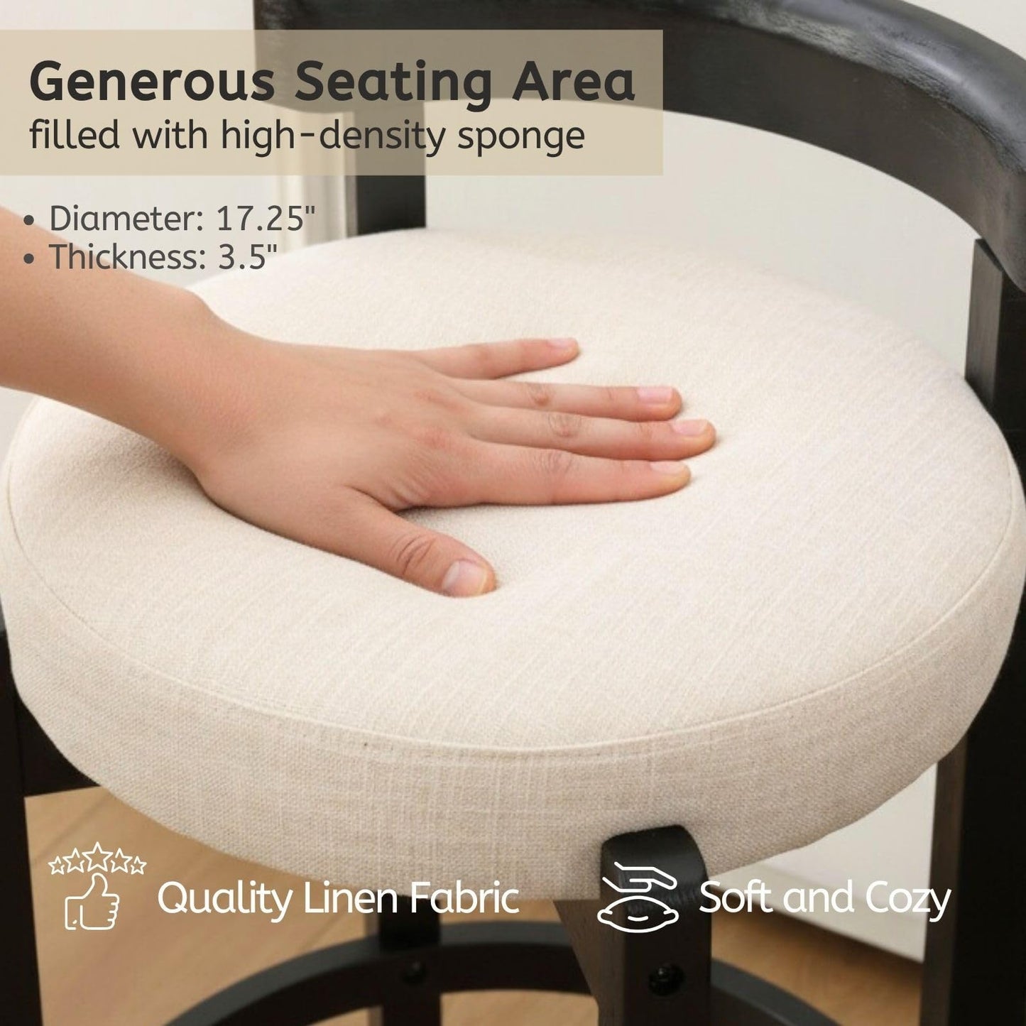 LukeAlon Mid Century Linen Counter Stools Set of 4, Upholstered 26.5” Seat Height Low Barstools with Natural Wood Legs Round Low Back Kitchen Stools with Footrest for Dining Room, Beige