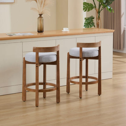 LukeAlon Mid Century Linen Counter Stools Set of 4, Upholstered 26.5” Seat Height Low Barstools with Natural Wood Legs Round Low Back Kitchen Stools with Footrest for Dining Room, Beige