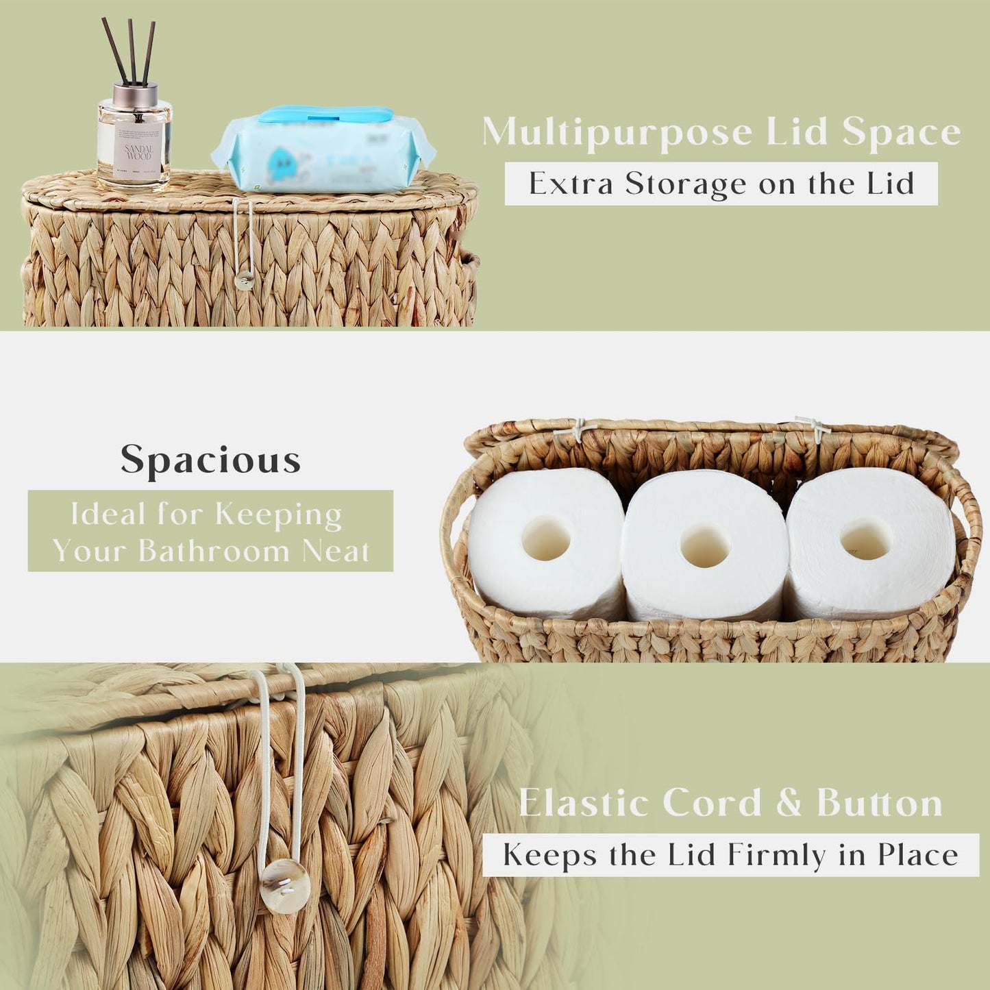 YANGQIHOME Toilet Paper Storage, Water Hyacinth Toilet Paper Storage with Lid, Papers Container for up to 9 Mega Rolls, Bathroom Basket Organizer