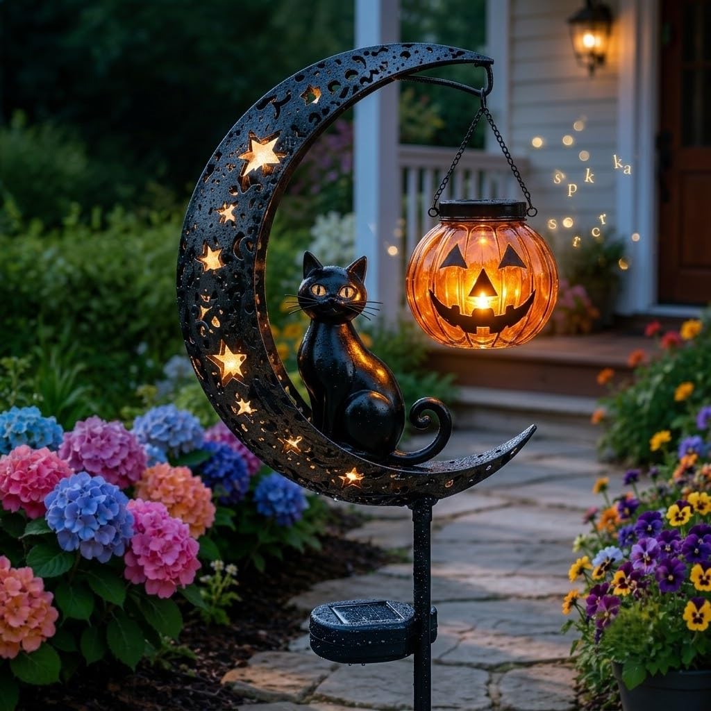 Solar Halloween Black Cat & Pumpkin Moon Garden Stake Light, Waterproof Solar Black Cat on Crescent Moon with Hanging Pumpkin Lantern, Outdoor Halloween Yard Decor for Garden, Patio, Lawn, Pathway