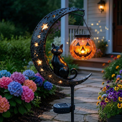 Solar Halloween Black Cat & Pumpkin Moon Garden Stake Light, Waterproof Solar Black Cat on Crescent Moon with Hanging Pumpkin Lantern, Outdoor Halloween Yard Decor for Garden, Patio, Lawn, Pathway