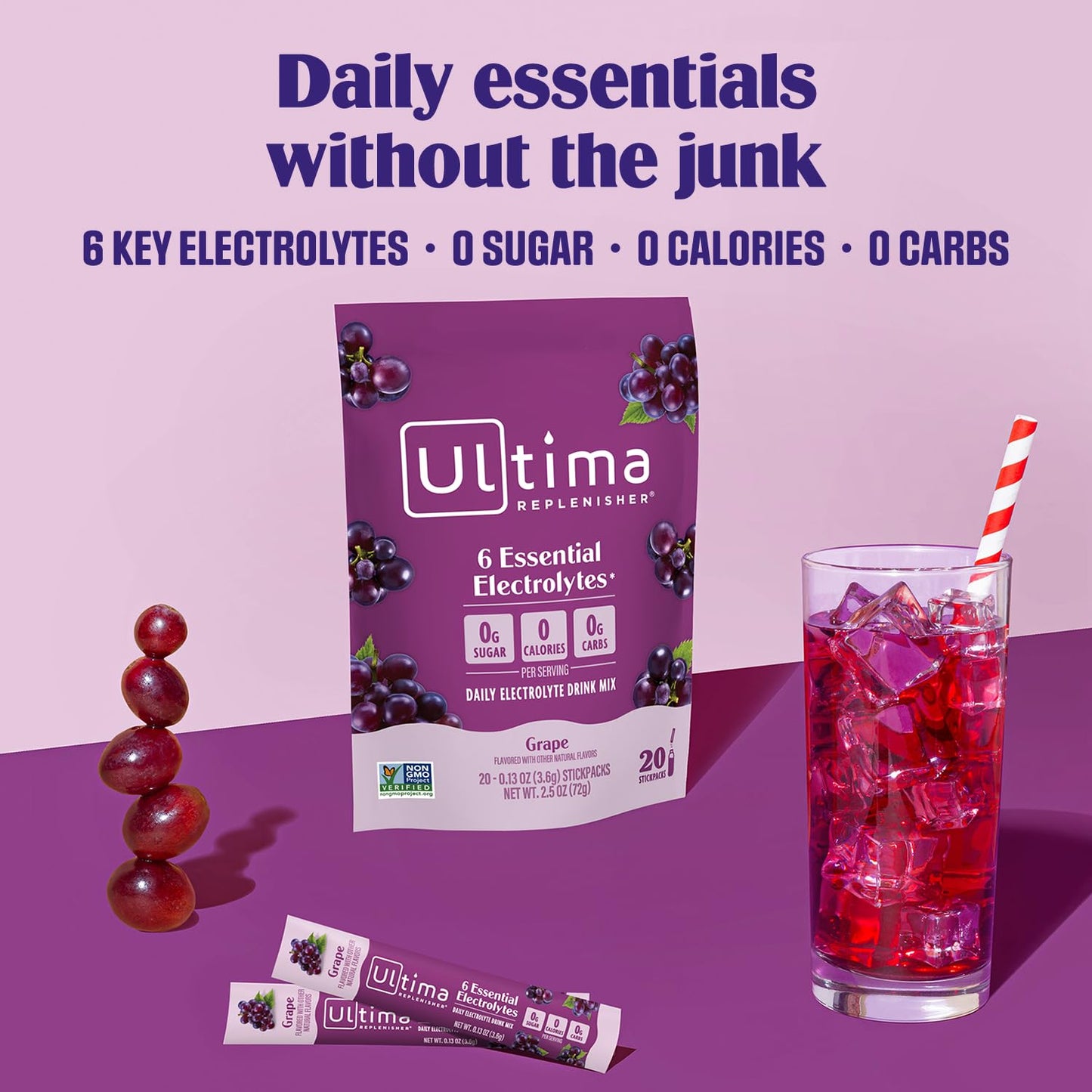 Ultima Replenisher Electrolyte Hydration Powder, Grape, 20 Count Stickpacks Pouch - Sugar Free, 0 Calories, 0 Carbs - Gluten-Free, Keto, Non-GMO with Magnesium, Potassium
