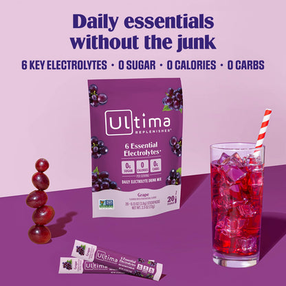 Ultima Replenisher Electrolyte Hydration Powder, Grape, 20 Count Stickpacks Pouch - Sugar Free, 0 Calories, 0 Carbs - Gluten-Free, Keto, Non-GMO with Magnesium, Potassium