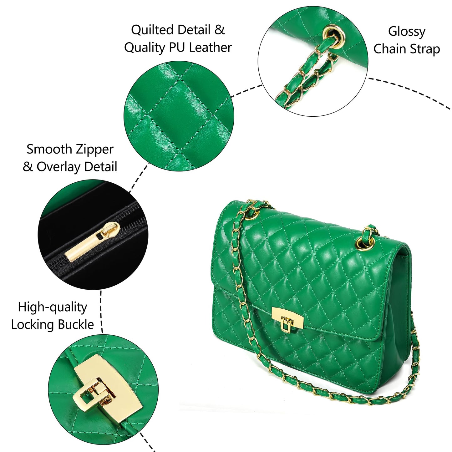 Quilted Leather Crossbody Bags for Women Trendy Ladies Shoulder Purse Satchel HandBag with Chain Strap