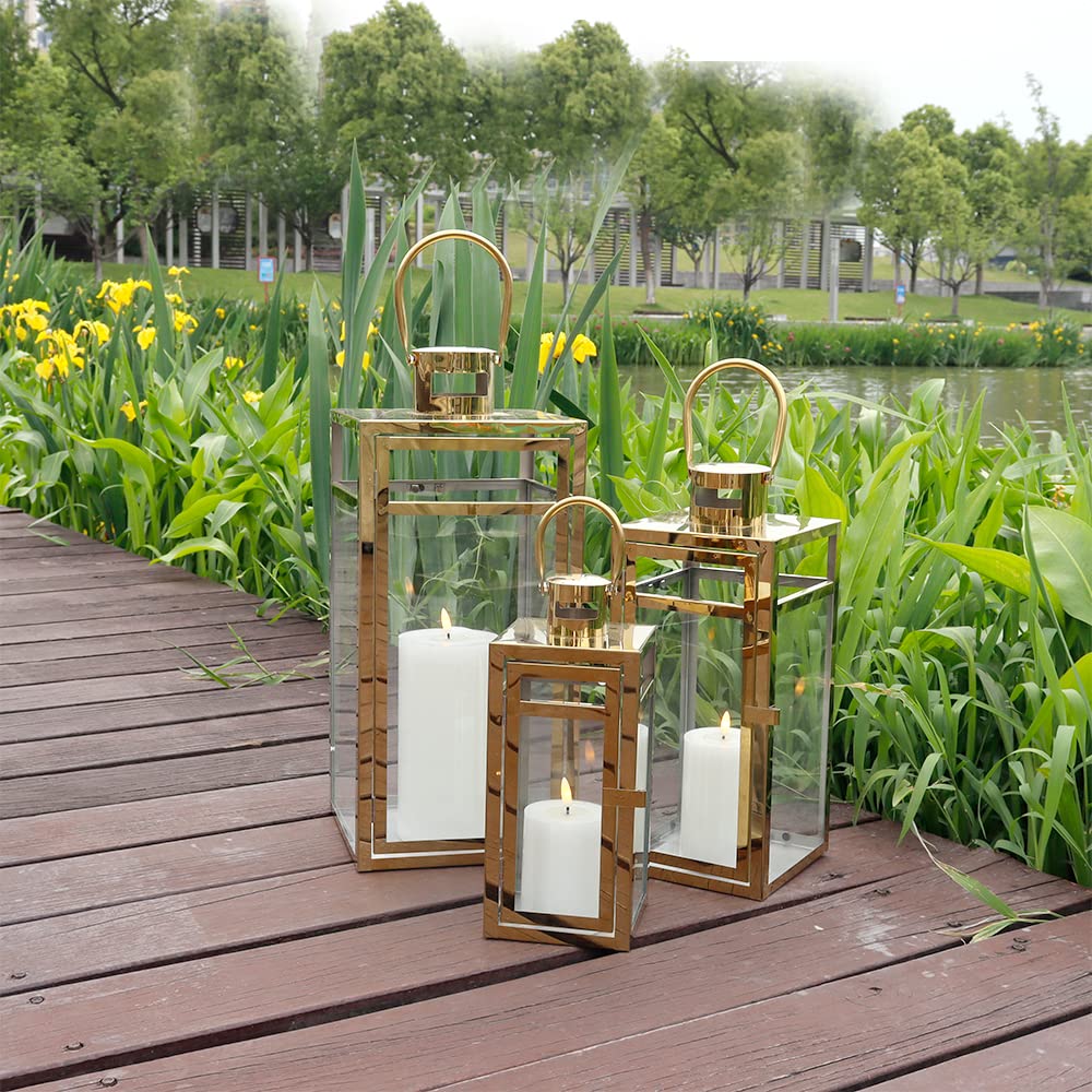 TRIROCKS Set of 3 Stainless Steel Candle Lantern 19/15/12'' High Metal Candle Holder with Tempered Glass Panels Perfect for Home Decor Living Room Parties Events Tabletop Indoors Outdoors (Rose Gold)