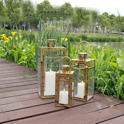 TRIROCKS Set of 3 Stainless Steel Candle Lantern 19/15/12'' High Metal Candle Holder with Tempered Glass Panels Perfect for Home Decor Living Room Parties Events Tabletop Indoors Outdoors (Rose Gold)
