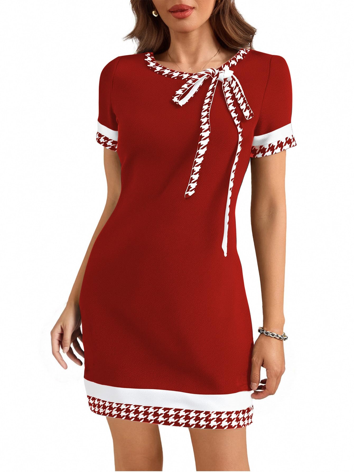 Women's Houndstooth Print Tie Front Dress