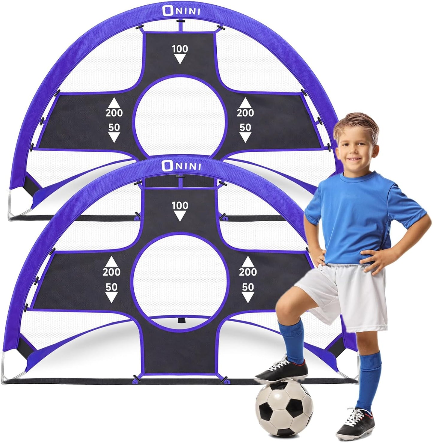 Onini Upgrade 6 Foot Pop Up Soccer Goals Blue - Portable Foldable Training Football Net with Target and Bag - Ideal for Toddler, Boys, Youth Outdoor Sports Games(2 Pack)