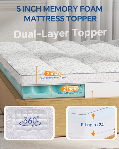 BEDELITE Dorm Room Essentials, Dual Layer 4 Inch Twin XL Memory Foam Mattress Topper for College Students Back to School, 2 Inch Pillow Top Mattress Pad and 2 Inch Cooling Gel Foam for Pressure Relief