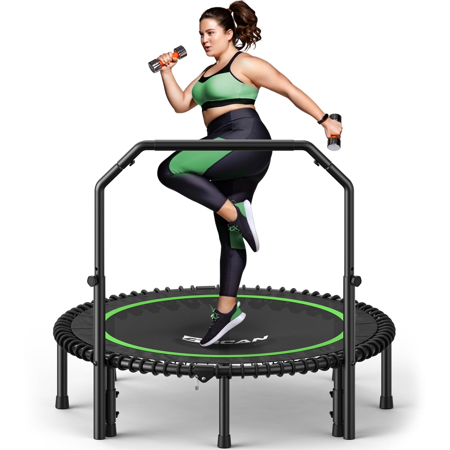 BCAN BT2 450/550LBS Mini Rebounder Trampoline for Adults with Bar, Fitness Trampoline with Bungees, Adjustable Handle, Stable & Quiet, Indoor Outdoor, Whole-Body Workout - 40IN/48IN | FED Fitness