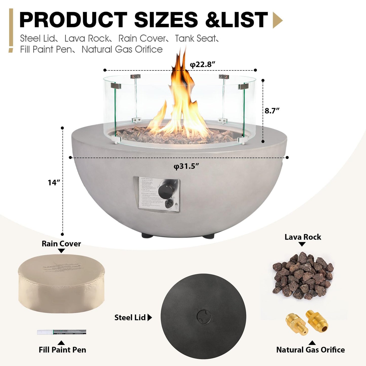31.5 Inch Round Propane Fire Pit Table - Concrete Round Fire Bowl 50,000 BTU Natural Gas Firepit Burner with Steel Lid, Lava Rocks, Waterproof Cover for Outside Patio, Backyard, Party