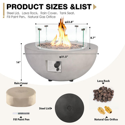 31.5 Inch Round Propane Fire Pit Table - Concrete Round Fire Bowl 50,000 BTU Natural Gas Firepit Burner with Steel Lid, Lava Rocks, Waterproof Cover for Outside Patio, Backyard, Party