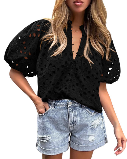 PRETTYGARDEN Womens Tops Boho Eyelet Puff Sleeve Blouse