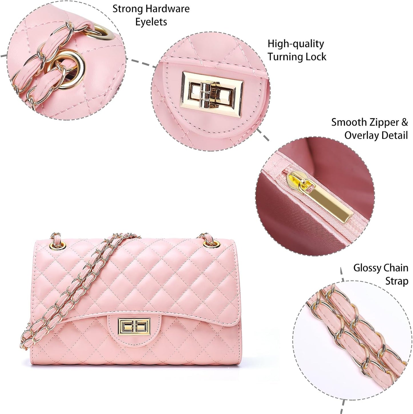 Quilted Leather Crossbody Bags for Women Trendy Ladies Shoulder Purse Satchel HandBag with Chain Strap