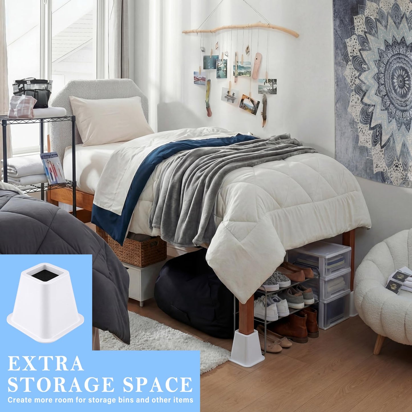 Novabright 4 Pack 12 Inch College Dorm Bed Risers Heavy Duty Extra Plastic Dorm Bed Extender Stackable Furniture Risers for College Room Storage Sofa Table Desk Couch Chair(White)