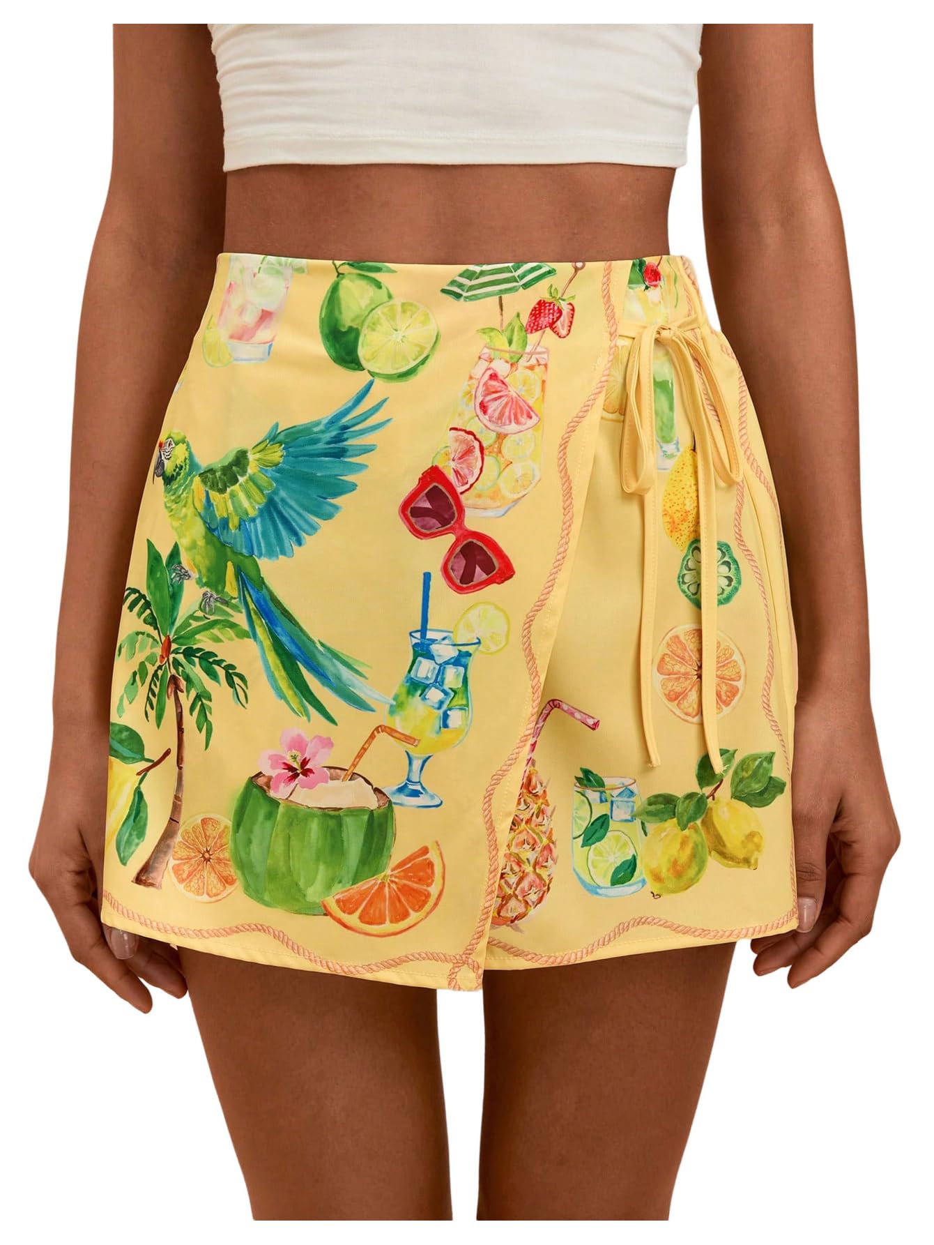 Sweatyrocks Women's Boho Mini Skirts Floral Shorts Tie Side Wrap Elastic Waist Summer Skorts Beach Vacation Outfits