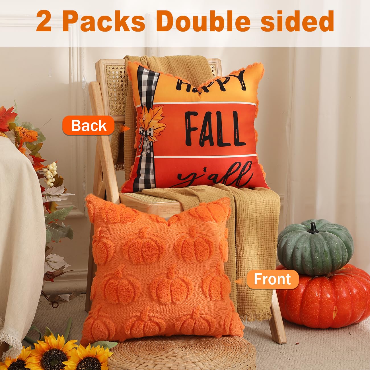 TOYPOPOR Halloween Decorations, 2 Packs Double Sided Ghost Pillow Covers, Soft Fur Throw Pillow Cases Indoor outdoor Pumpkin Couch Cushion Case for Fall Autumn Bedroom Living Room Home Decor 18''x18''