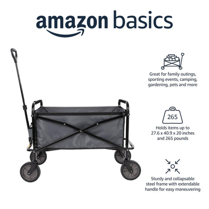 Amazon Basics Collapsible Heavy Duty Utility Wagon for Outdoor Sports, Camping, Garden, and Shopping, 265 Pounds Capacity, 27.6 x 40.9 x 20 inches, Black