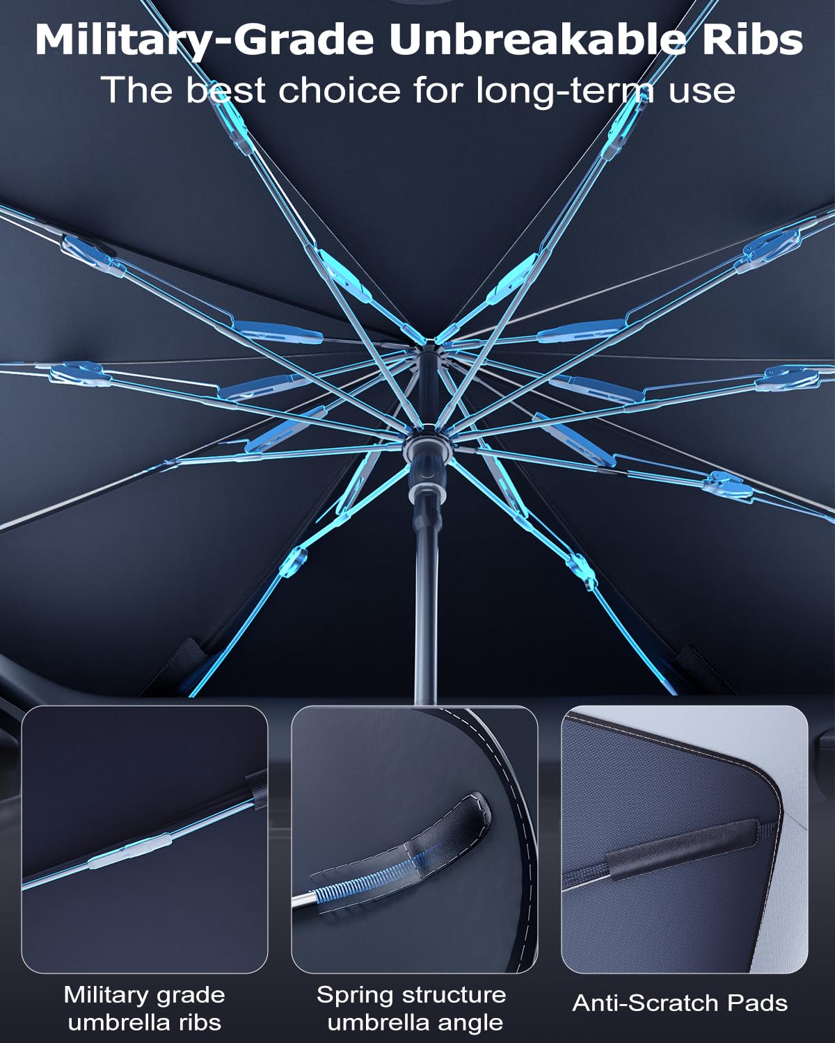 DMJN Umbrella Windshield Sun Shade - Medium, Car Sunshade for Front Windshield [Nano Ice-Crystal Coatings] UPF50+ Heat & UV Block, Protect Interior & Keep Cooler Universal for Car, SUV, Truck