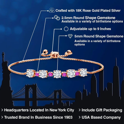 Gem Stone King Gemstone Birthstone and Pink Sapphire Tennis Bracelet 18K Rose Gold Plated Silver | Round 5MM and 2.5MM | Adjustable Bolo Design | Easy-On Easy-Off