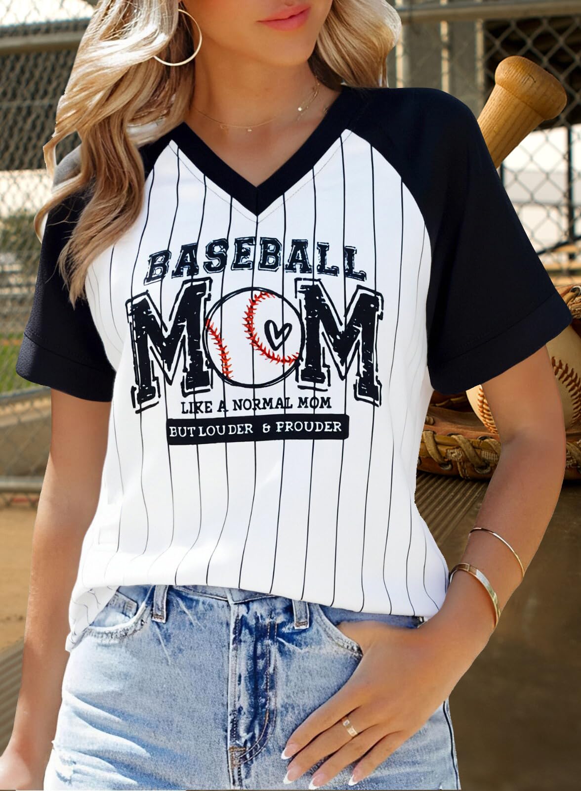 Baseball Mom Shirts for Women V Neck Baseball Stripe Outfits