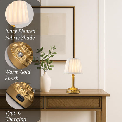 Cordless Table Lamp with Touch Control, Small LED Bedside Lamp with Pleated Shade, 3 Brightness Levels Nightstand Lamp for Bedroom, Living Room & Dorm Room