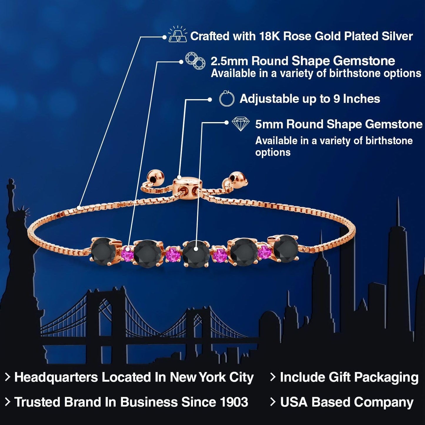 Gem Stone King Gemstone Birthstone and Pink Sapphire Tennis Bracelet 18K Rose Gold Plated Silver | Round 5MM and 2.5MM | Adjustable Bolo Design | Easy-On Easy-Off