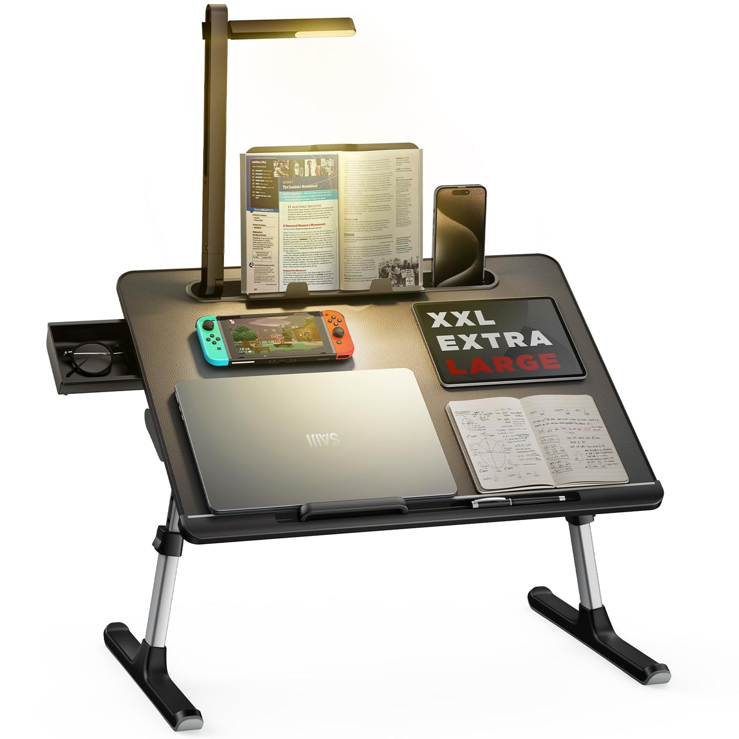 Laptop Bed Tray Desk with LED Desk Lamp, SAIJI Adjustable Laptop Stand for Bed, XX-Large PVC Leather Foldable Table with Book Stand, Wrist Rest, Extra Leg Room for Sofa Couch Floor (Gray)
