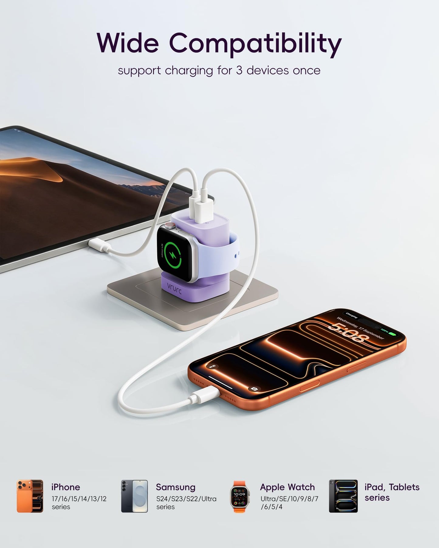 VRURC Fast Charger for Apple Watch, Built-in Wireless Magnetic Charging Station for iWatch SE/11/10/9/8/7/6/5/4, PD 20W USB C Charging Block, Foldable Wall Charger for iPhone 17/16/15/14/13-White