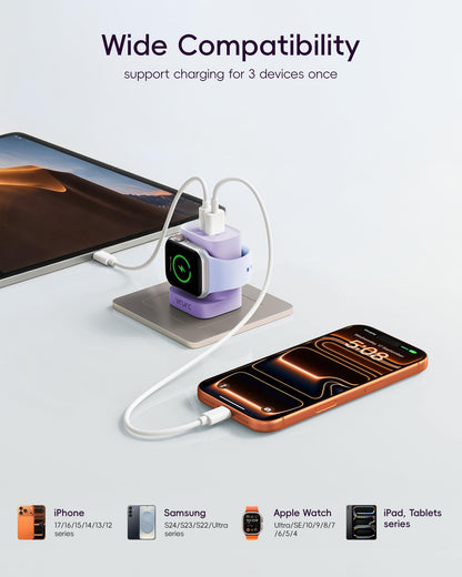 VRURC Fast Charger for Apple Watch, Built-in Wireless Magnetic Charging Station for iWatch SE/11/10/9/8/7/6/5/4, PD 20W USB C Charging Block, Foldable Wall Charger for iPhone 17/16/15/14/13-White