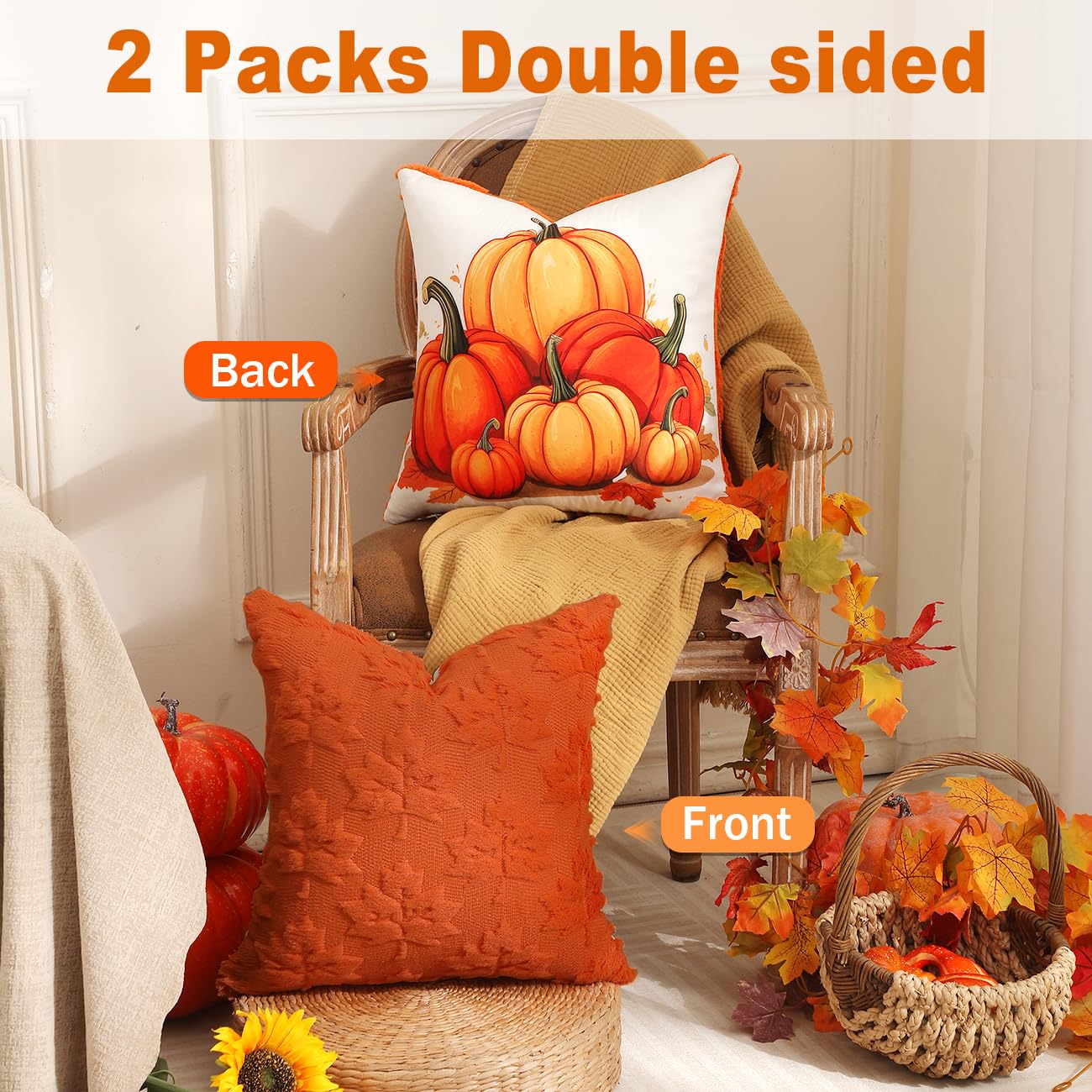 TOYPOPOR Halloween Decorations, 2 Packs Double Sided Ghost Pillow Covers, Soft Fur Throw Pillow Cases Indoor outdoor Pumpkin Couch Cushion Case for Fall Autumn Bedroom Living Room Home Decor 18''x18''