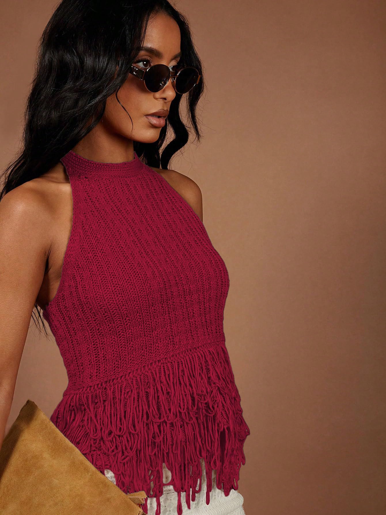 SweatyRocks Women's Boho Fringe Halter Tops Sleeveless Open Back Summer Knit Crochet Tank Top