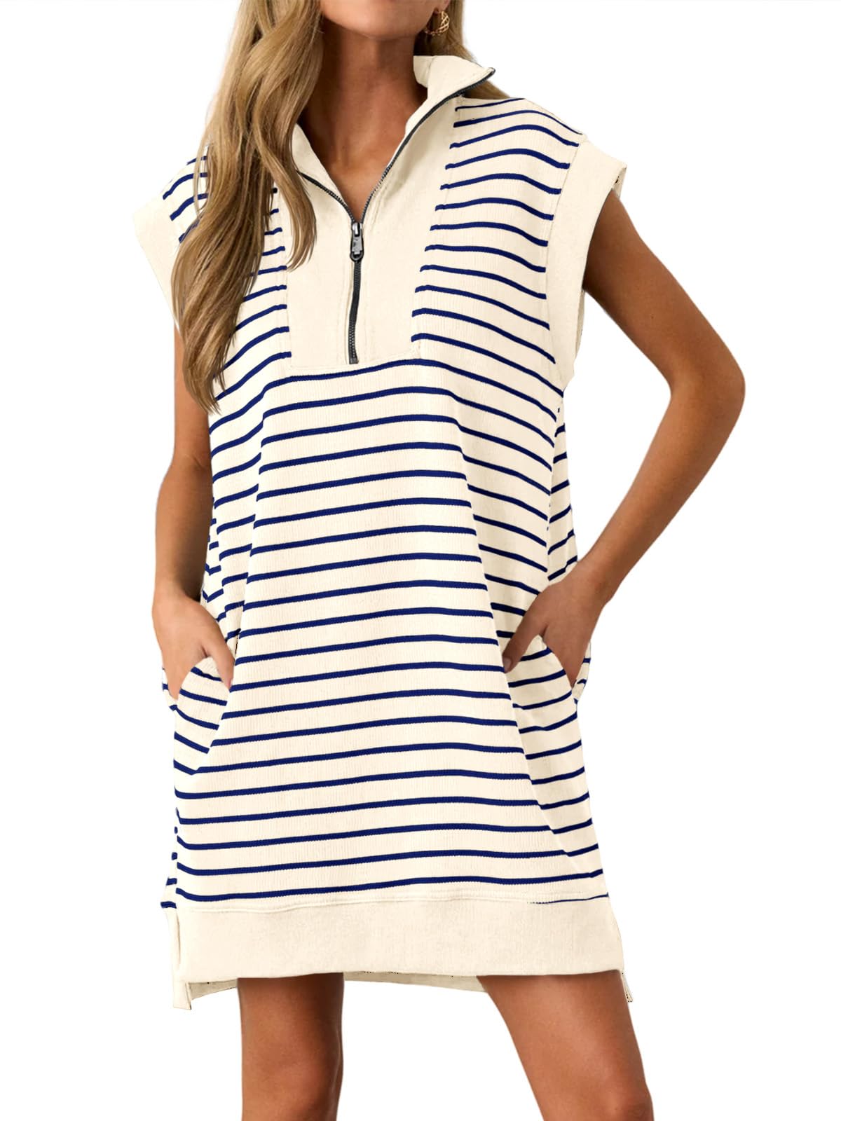 Wenrine Womens Striped Zipper Collar V Neck Loose Knit Summer Mini Dress