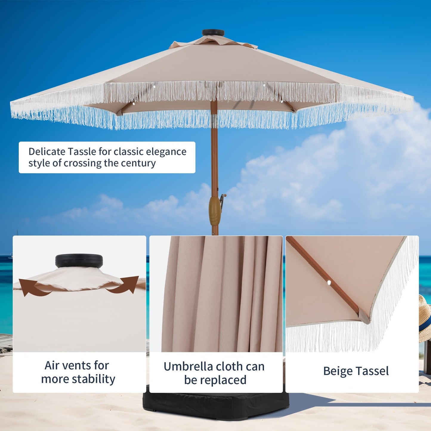 GDY 7.5ft Tassel Patio Umbrella and Matching Base, Outdoor Table Umbrella with 18 LED Lights,Market Umbrella with 6 Sturdy Ribs, with Push Button Tilt and Crank, Bright White