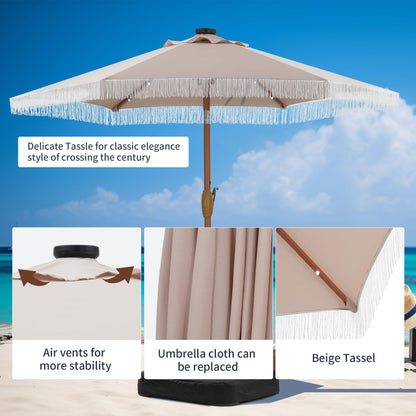 GDY 7.5ft Tassel Patio Umbrella and Matching Base, Outdoor Table Umbrella with 18 LED Lights,Market Umbrella with 6 Sturdy Ribs, with Push Button Tilt and Crank, Bright White