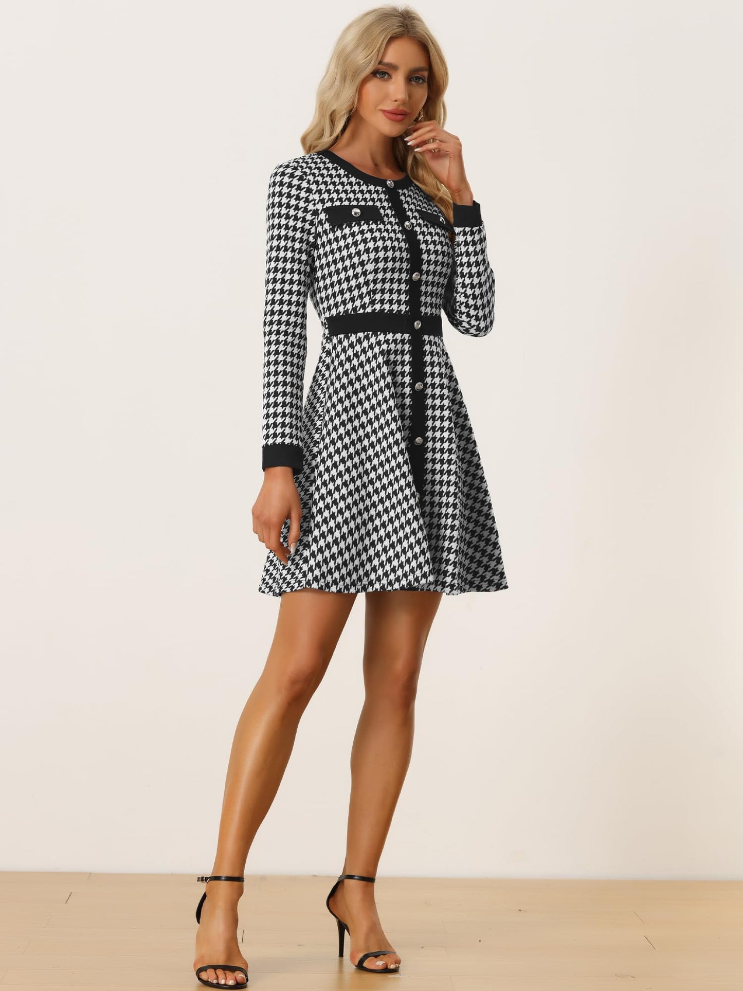 Allegra K Women's Houndstooth Plaid A-Line Elegant Business Work Dress