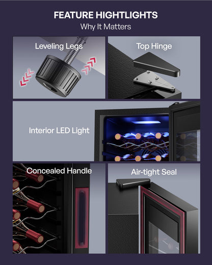 Icyglee 25 Bottle Compressor Wine Cooler Refrigerator, Freestanding Wine Cellar with 41-64°F Adjust Temp & Double-layer Glass Door for Red and White, Wine Cooler for Home Bar, Black